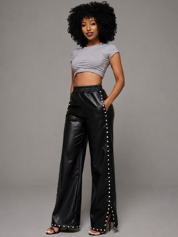 Studded Slit Faux-Leather Pants