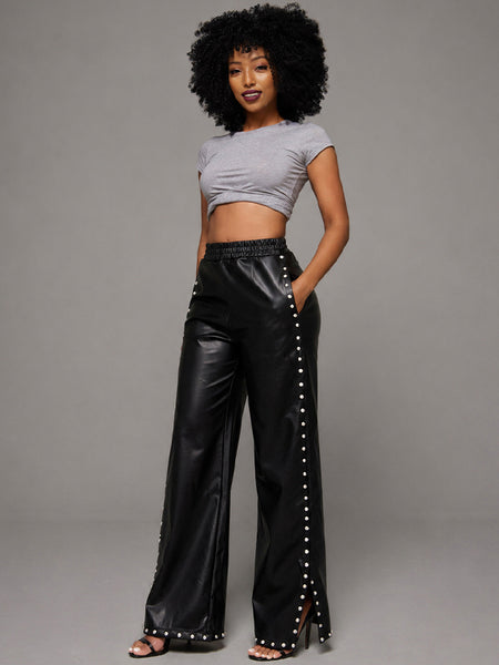 Studded Slit Faux-Leather Pants
