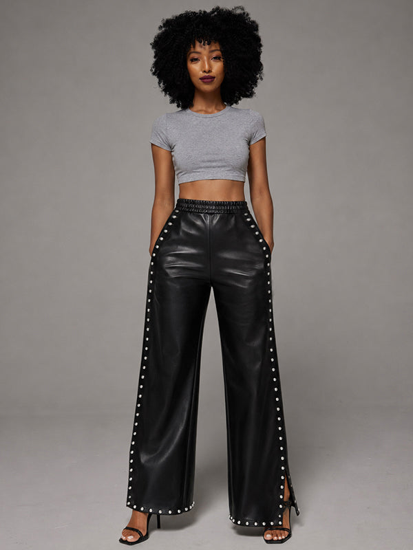 Studded Slit Faux-Leather Pants