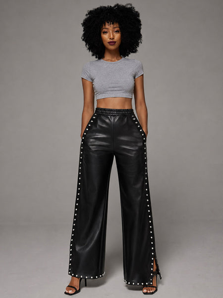 Studded Slit Faux-Leather Pants