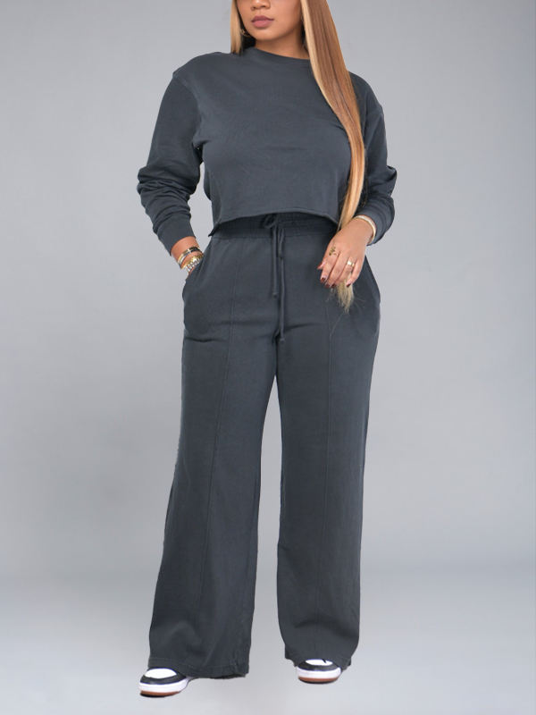 Solid Sweatshirt & Wide Leg Pants Set