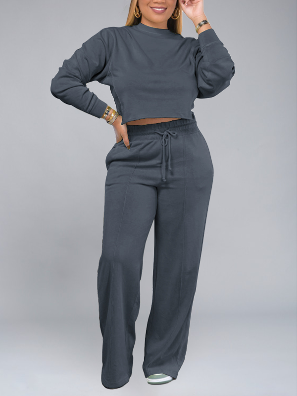 Solid Sweatshirt & Wide Leg Pants Set