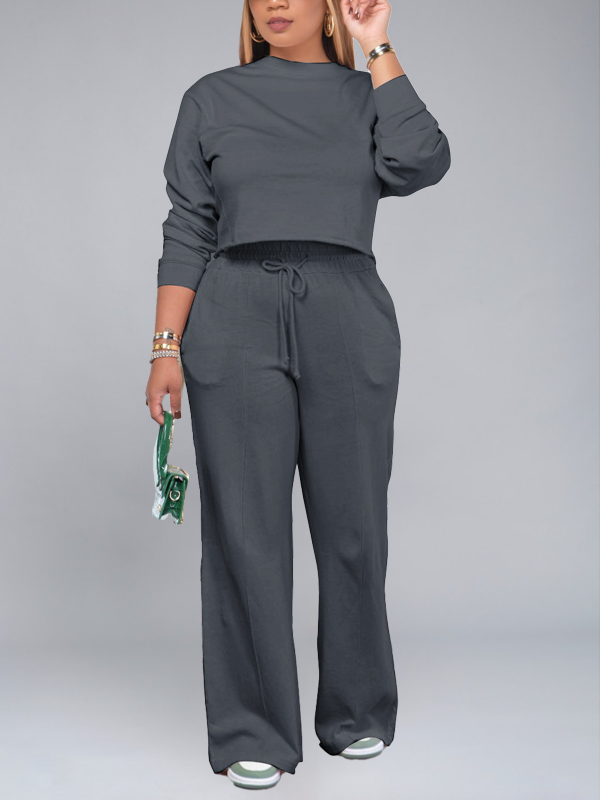 Solid Sweatshirt & Wide Leg Pants Set