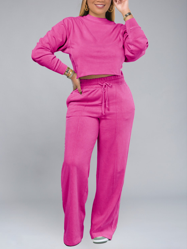 Solid Sweatshirt & Wide Leg Pants Set