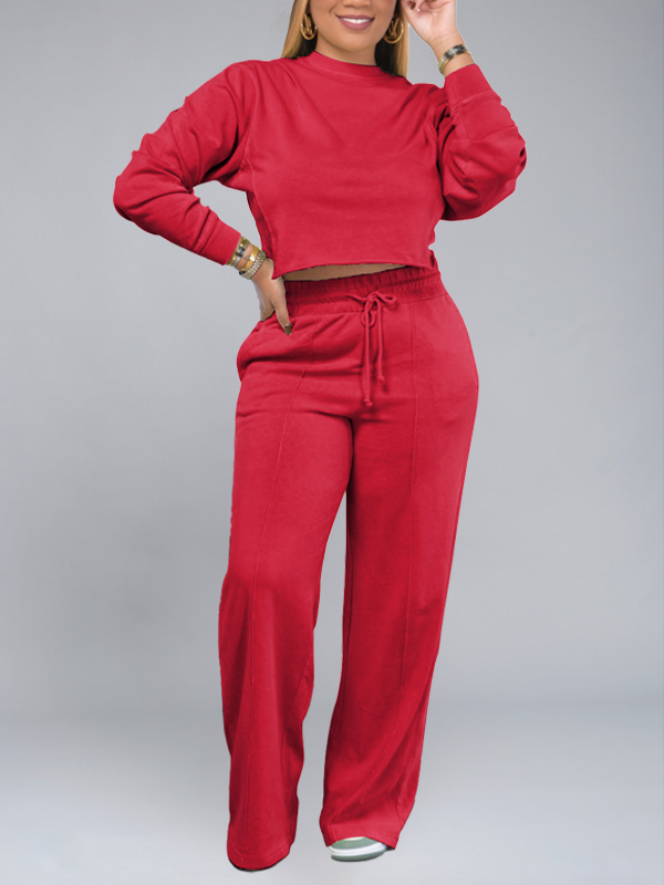 Solid Sweatshirt & Wide Leg Pants Set