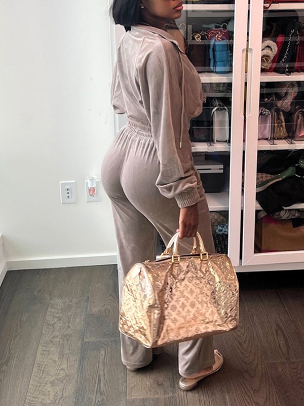 Velvet Zip-Front Top & Straight Pants Set