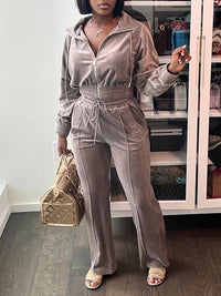Velvet Zip-Front Top & Straight Pants Set