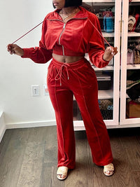 Velvet Zip-Front Top & Straight Pants Set