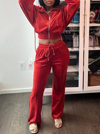 Velvet Zip-Front Top & Straight Pants Set