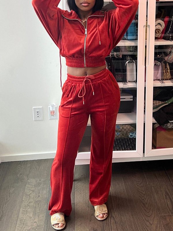 Velvet Zip-Front Top & Straight Pants Set