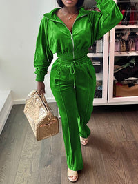 Velvet Zip-Front Top & Straight Pants Set