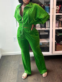 Velvet Zip-Front Top & Straight Pants Set
