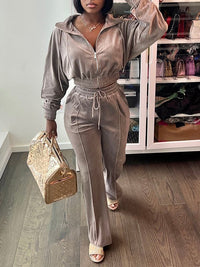 Velvet Zip-Front Top & Straight Pants Set