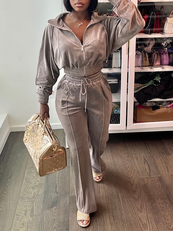 Velvet Zip-Front Top & Straight Pants Set