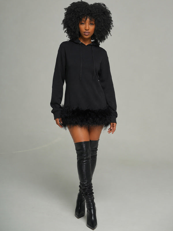 Feather Combo Hooded Dress