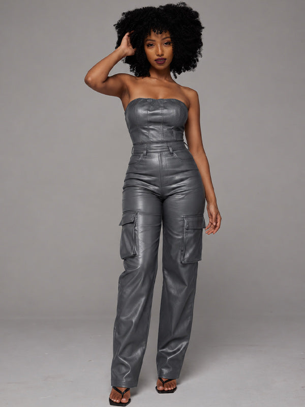 Faux Leather Strapless Jumpsuit