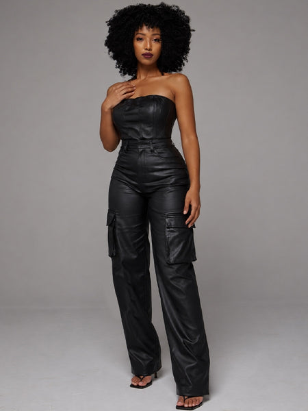 Faux Leather Strapless Jumpsuit