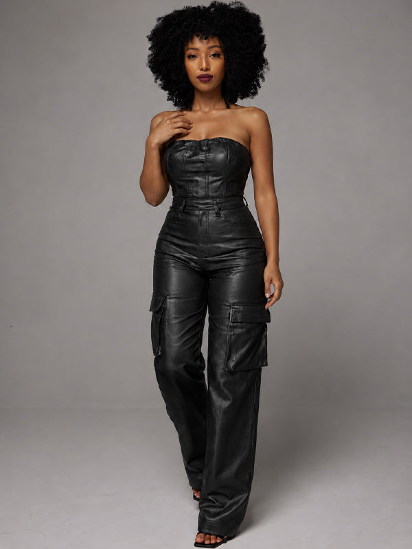 Faux Leather Strapless Jumpsuit