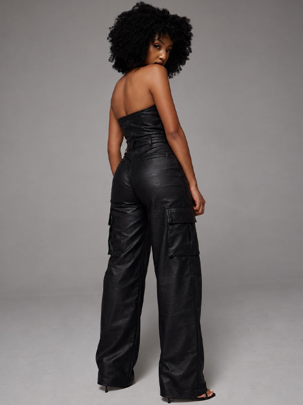 Faux Leather Strapless Jumpsuit