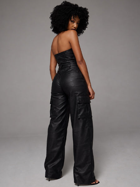 Faux Leather Strapless Jumpsuit