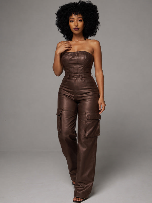 Faux Leather Strapless Jumpsuit
