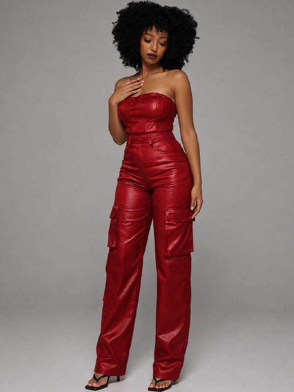 Faux Leather Strapless Jumpsuit