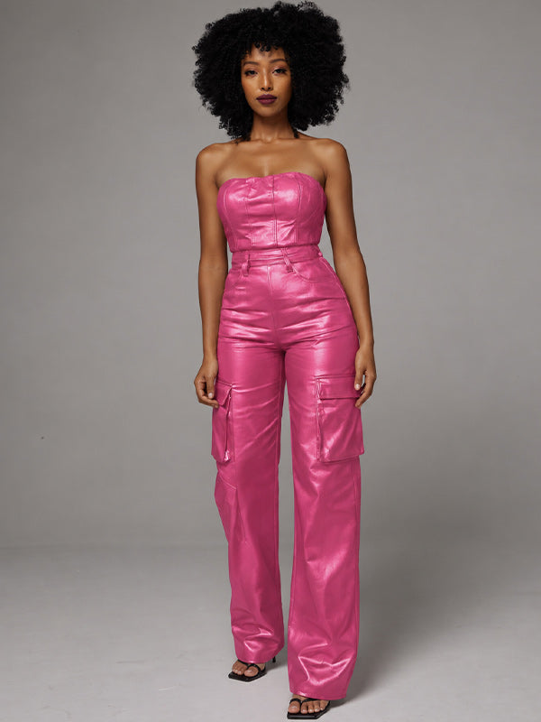 Faux Leather Strapless Jumpsuit