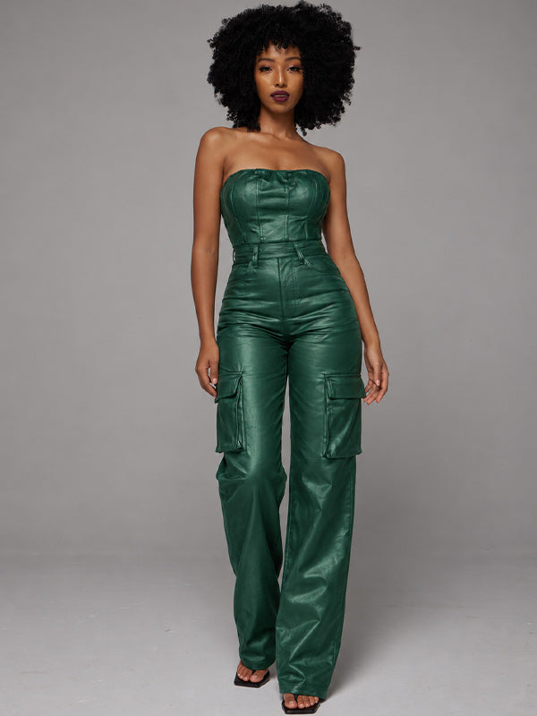 Faux Leather Strapless Jumpsuit