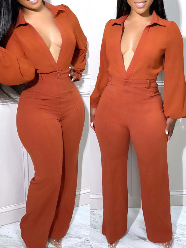 Solid Deep V Jumpsuit