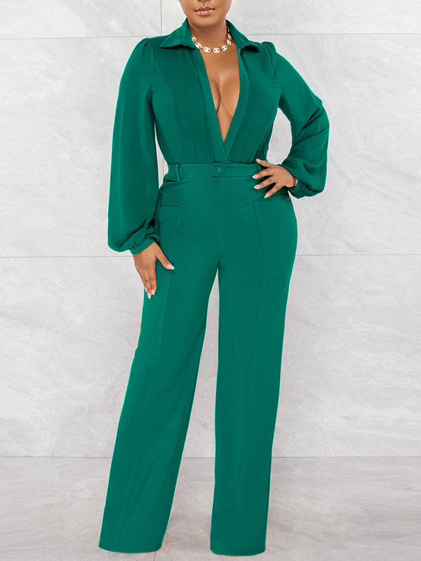 Solid Deep V Jumpsuit