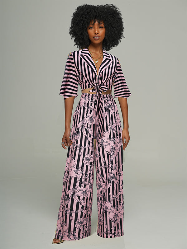 Printed Tied Shirt & Wide-Leg Pants Set