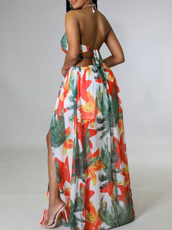 Printed Halter Slit Dress