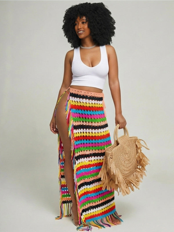 Fringe Stripe Mesh Skirt