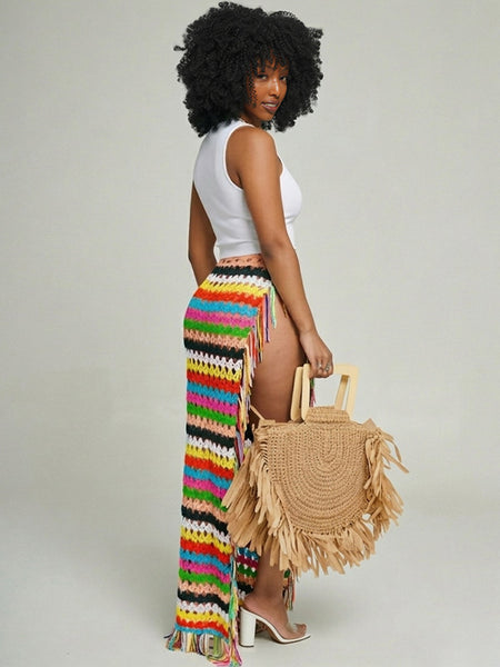 Fringe Stripe Mesh Skirt