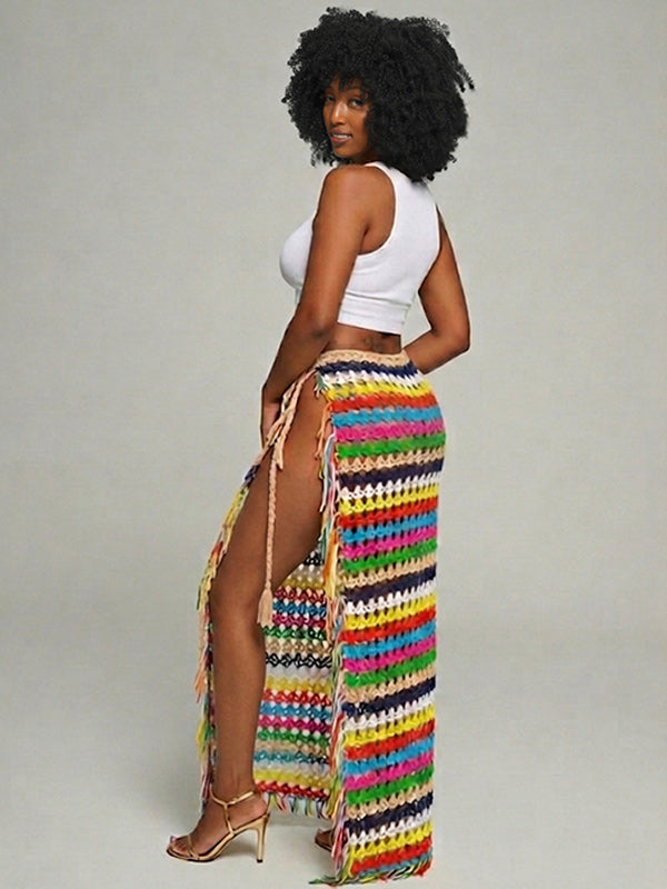 Fringe Stripe Mesh Skirt