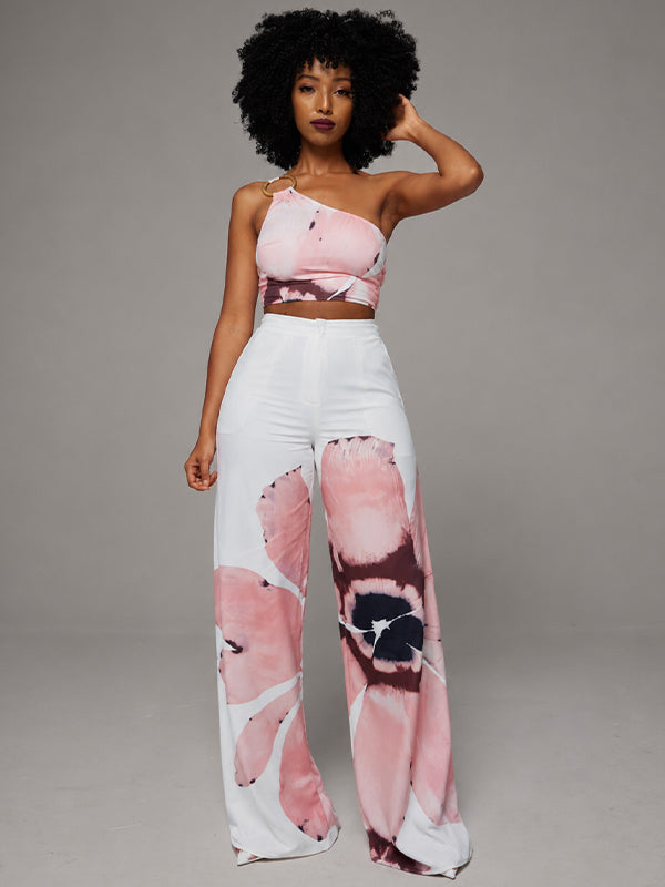 Printed One-Shoulder Top & Wide Leg Pants Set