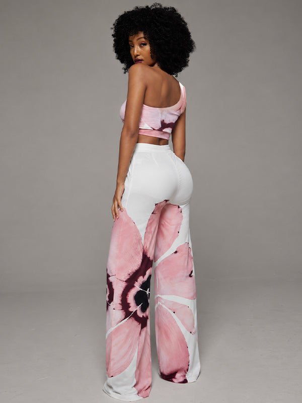 Printed One-Shoulder Top & Wide Leg Pants Set