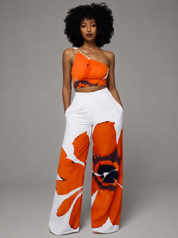 Printed One-Shoulder Top & Wide Leg Pants Set