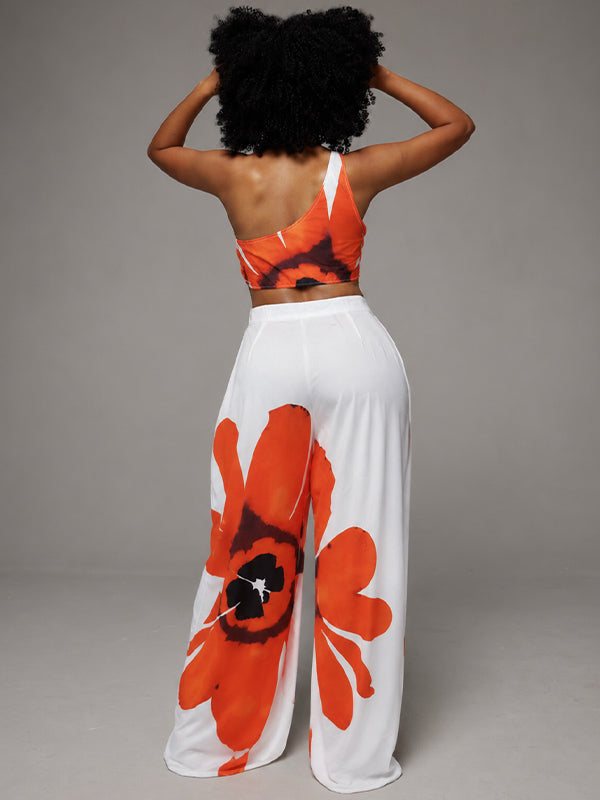 Printed One-Shoulder Top & Wide Leg Pants Set