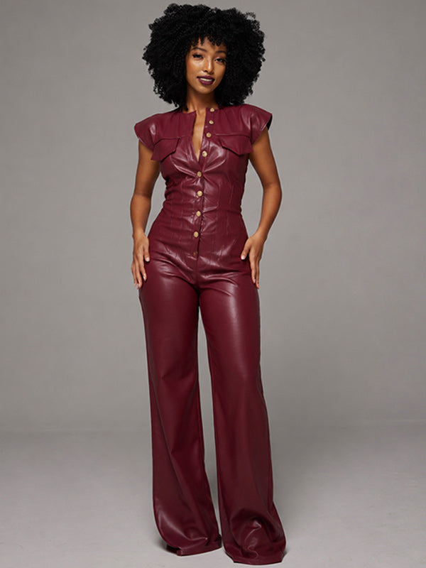 Faux-Leather Sleeveless Jumpsuit