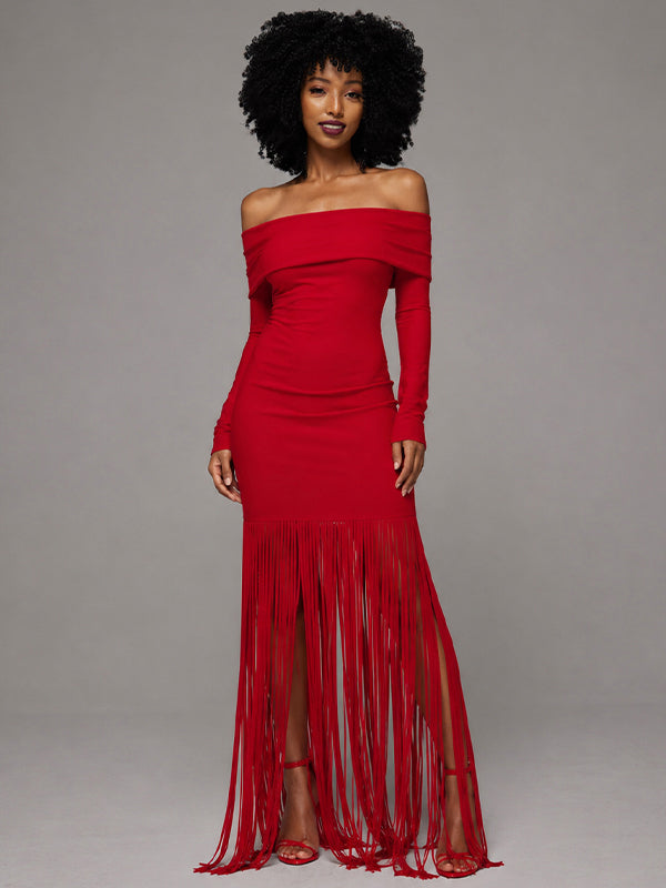 Off-Shoulder Fringe Dress