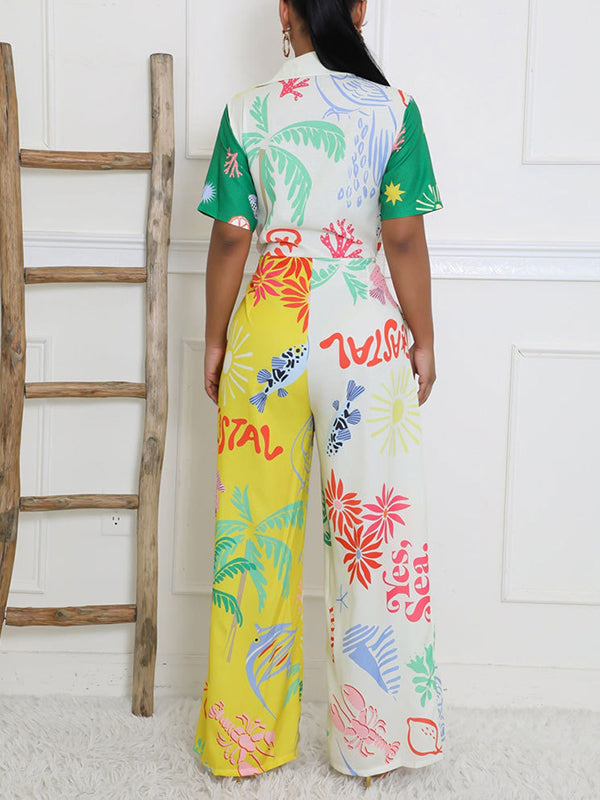 Printed Button-Front Wide-Leg Jumpsuit