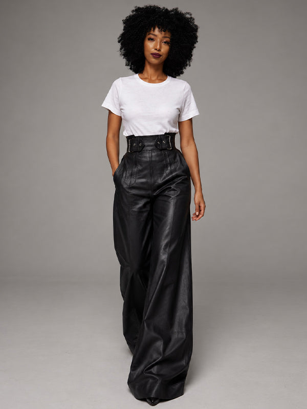 Faux-Leather Wide-Leg Pants