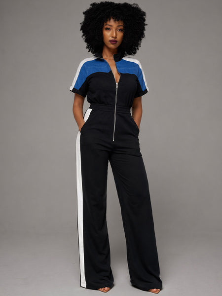Zip-Front Side-Stripe Jumpsuit