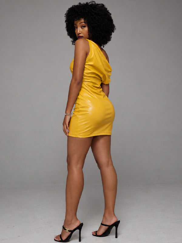 Faux-Leather Boat-Neck Dress