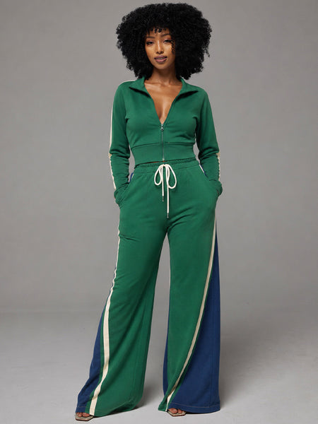 Zip-Front Top & Side-Stripe Pants Set