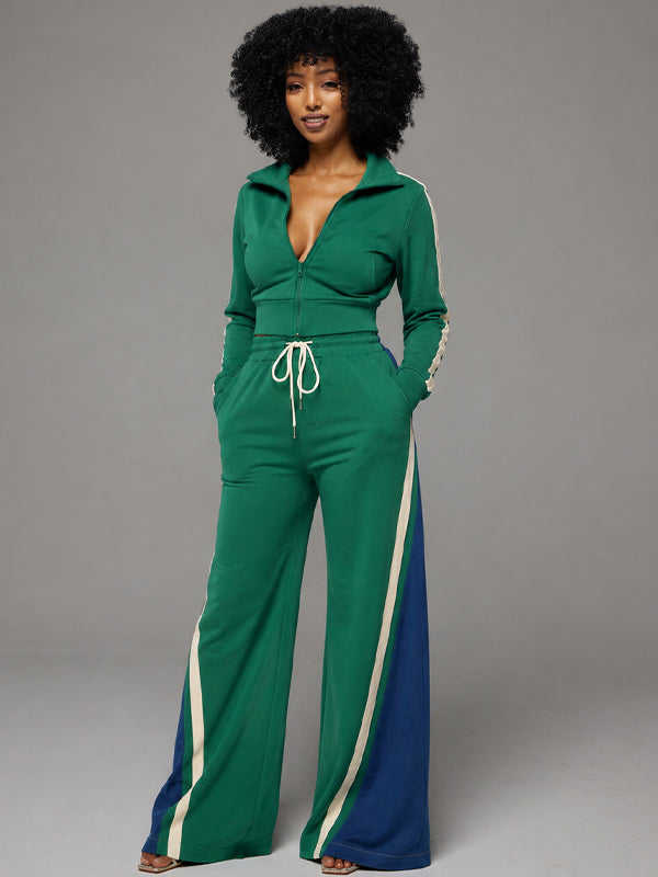 Zip-Front Top & Side-Stripe Pants Set