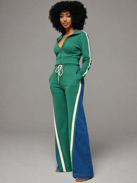 Zip-Front Top & Side-Stripe Pants Set