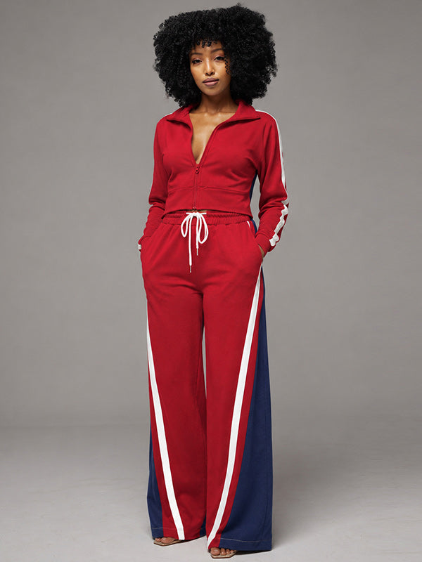 Zip-Front Top & Side-Stripe Pants Set