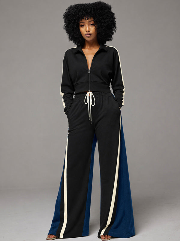Zip-Front Top & Side-Stripe Pants Set